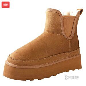 Platform Chelsea Boots Women's Size, Faux Fur Lined, Slip-On Winter Boots